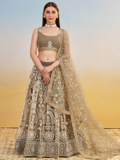 Alluring Brown Net Thread Embroidered Reception Wear Lehenga Choli